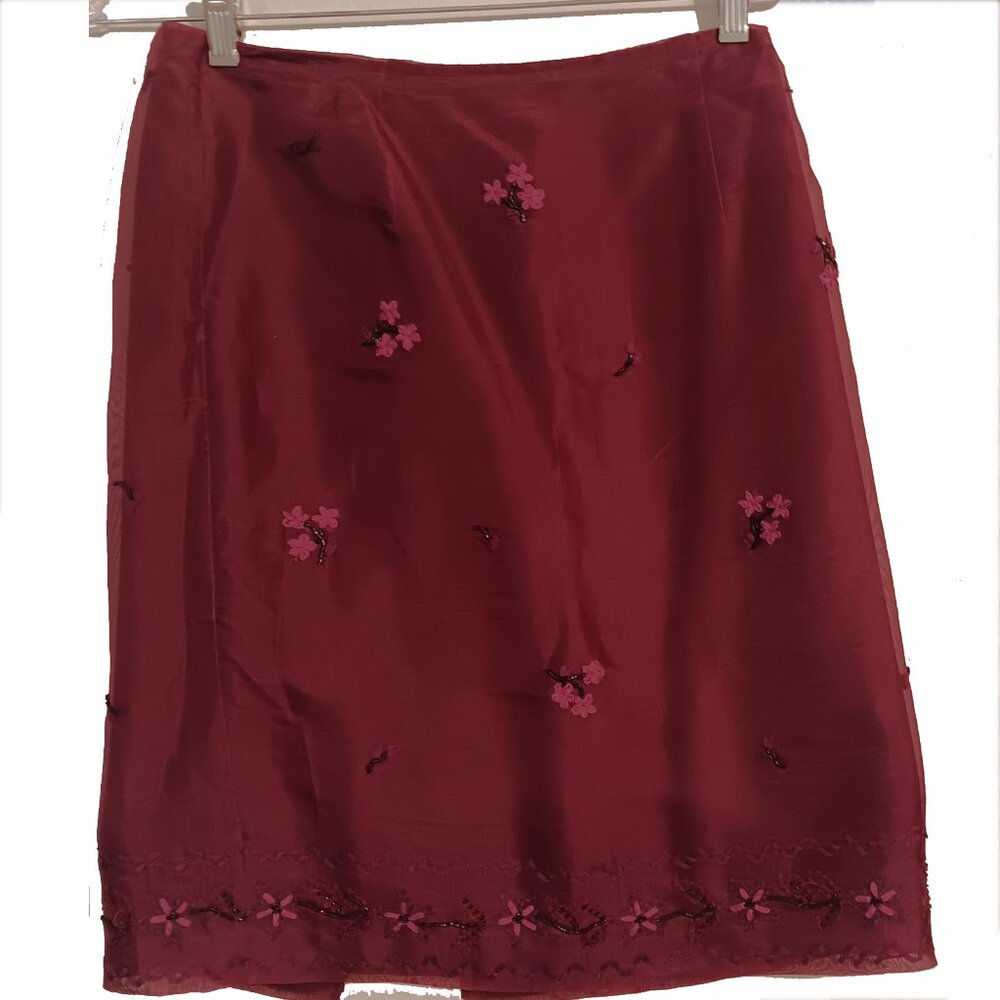 Ann Taylor Silk Skirt Burgandy with Pink Flowers Size 6